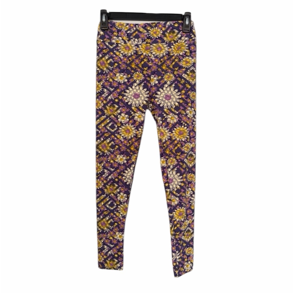 LuLaRoe Leggings Purple and Yellow Floral Pattern One Size Waist 12” Inseam 26”